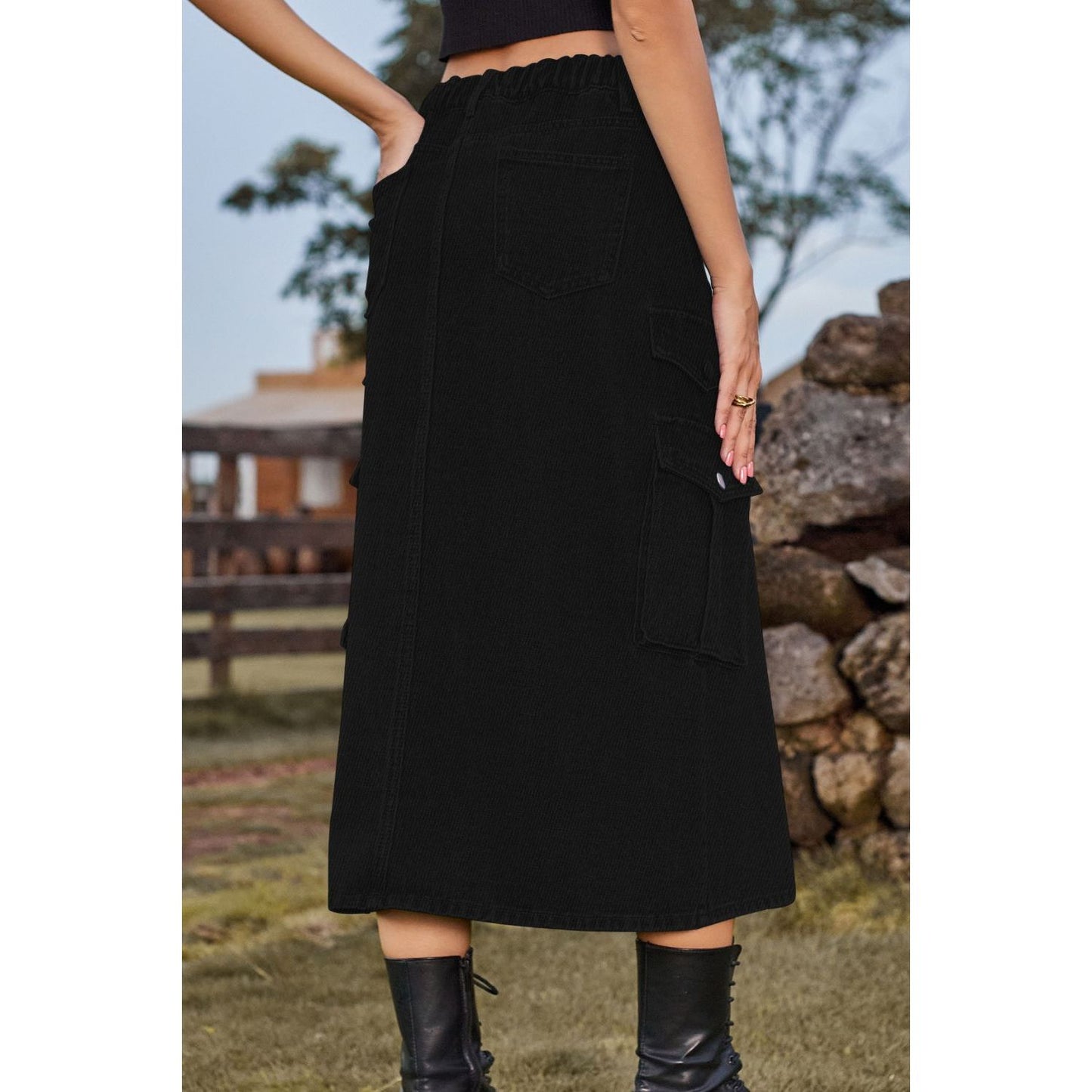 Slit Front Midi Denim Skirt with Pockets - TiffanyzKlozet