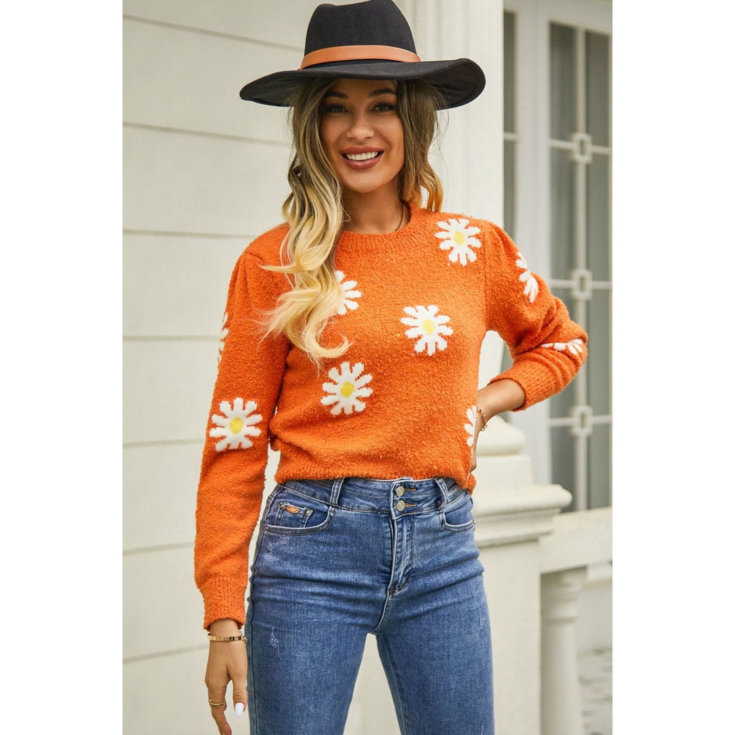 Flower Pattern Round Neck Short Sleeve Pullover Sweater - TiffanyzKlozet