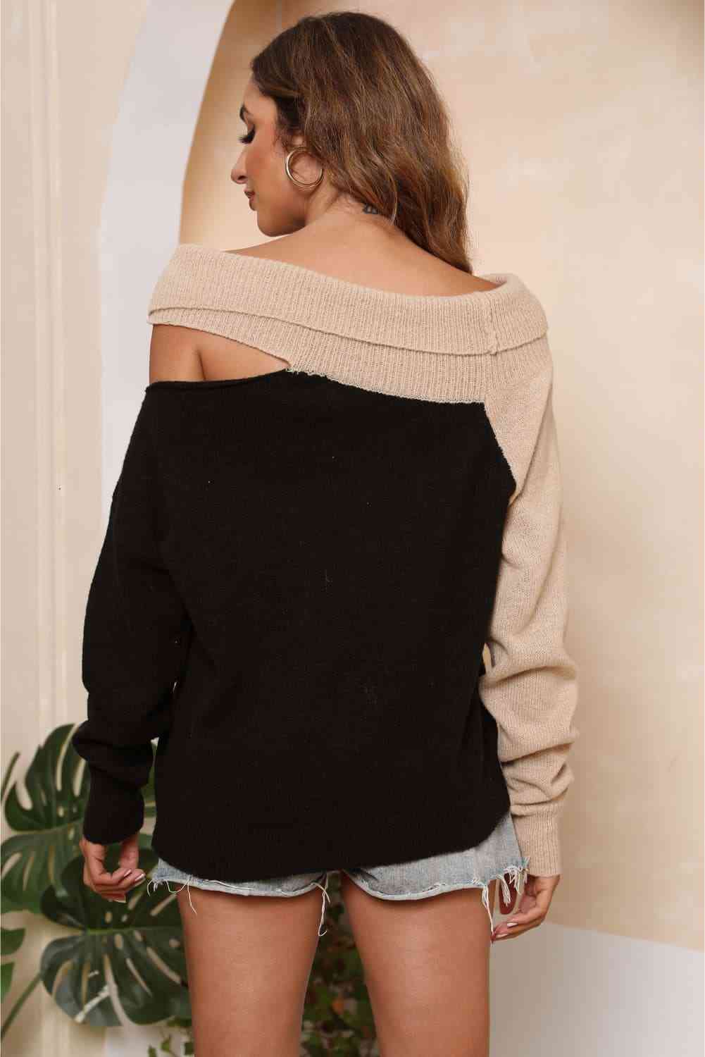 Asymmetrical Long Sleeve Two-Tone Cutout Sweater - TiffanyzKlozet