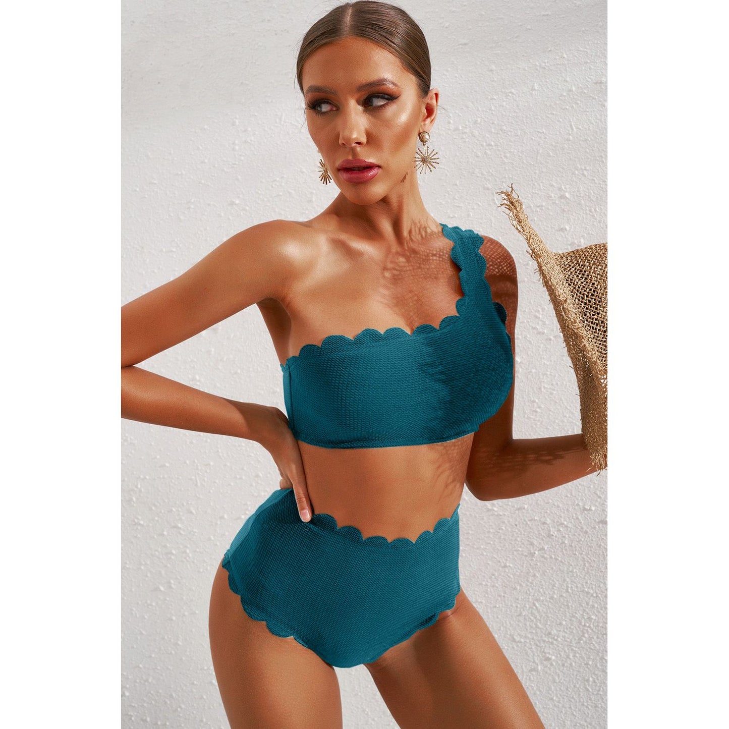Scalloped Trim One-Shoulder Bikini Set - TiffanyzKlozet