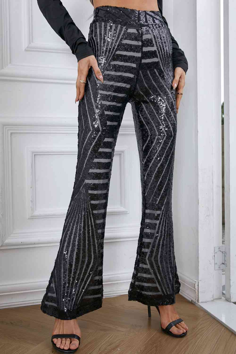 Double Take Sequin High Waist Flared Pants - TiffanyzKlozet