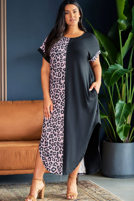 Plus Size Contrast Leopard Short Sleeve Midi Dress - TiffanyzKlozet