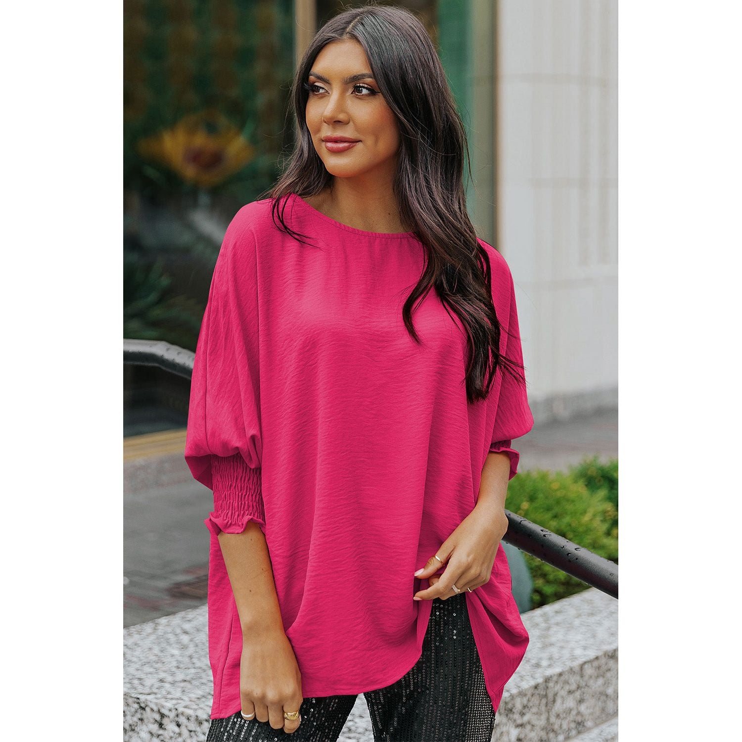 Round Neck Dolman Sleeve Textured Blouse - TiffanyzKlozet