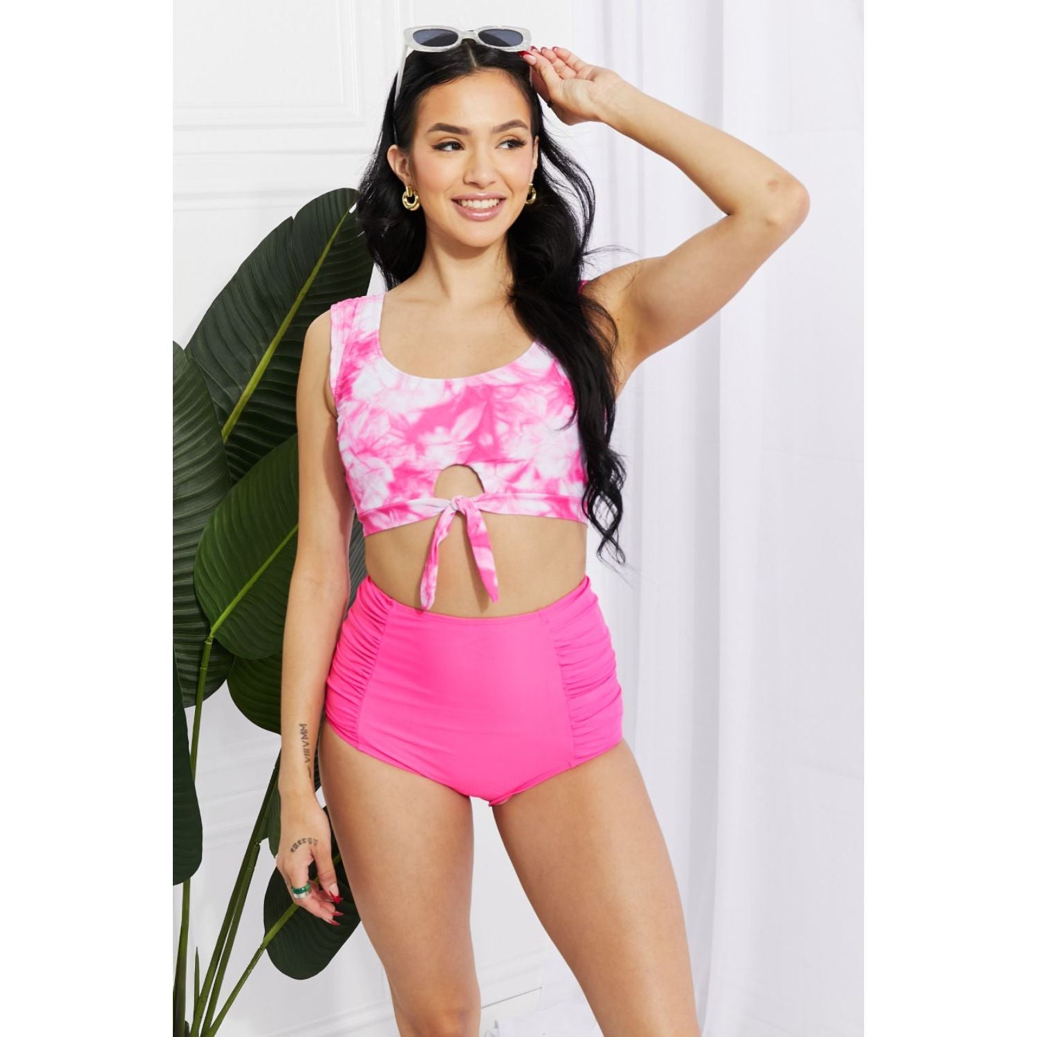Marina West Swim Sanibel Crop Swim Top and Ruched Bottoms Set in Pink - TiffanyzKlozet