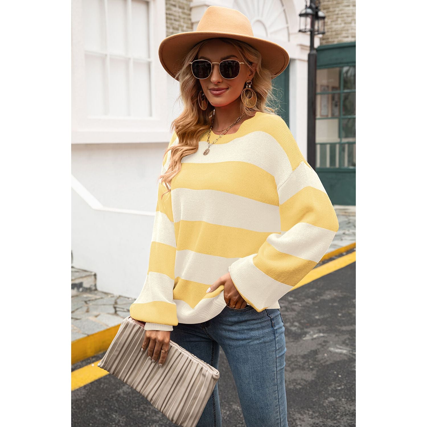 Striped Balloon Sleeve Knit Pullover - TiffanyzKlozet