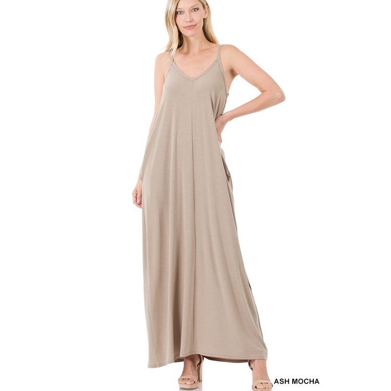 V-NECK CAMI MAXI DRESS WITH SIDE POCKETS - TiffanyzKlozet