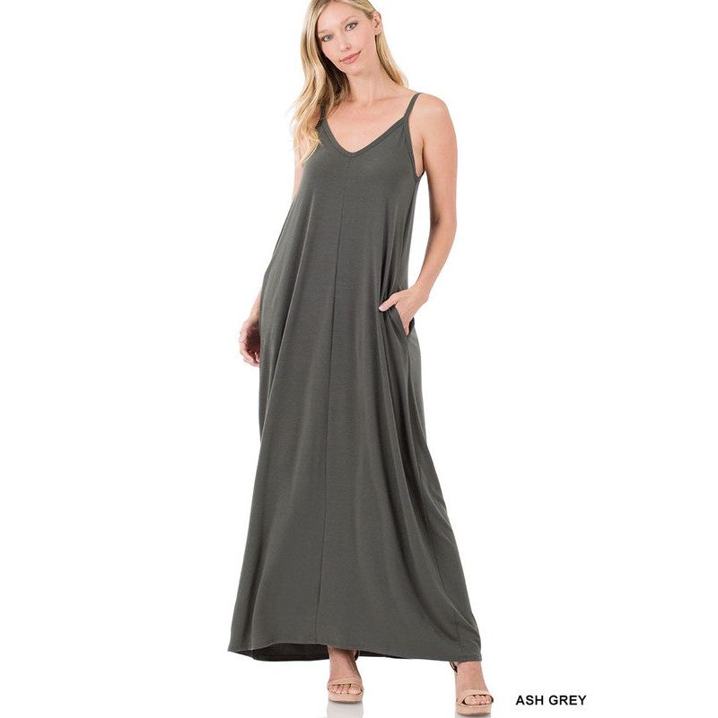 V-NECK CAMI MAXI DRESS WITH SIDE POCKETS - TiffanyzKlozet