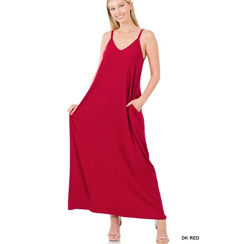 V-NECK CAMI MAXI DRESS WITH SIDE POCKETS - TiffanyzKlozet