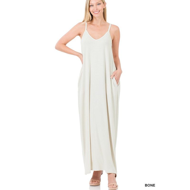 V-NECK CAMI MAXI DRESS WITH SIDE POCKETS - TiffanyzKlozet