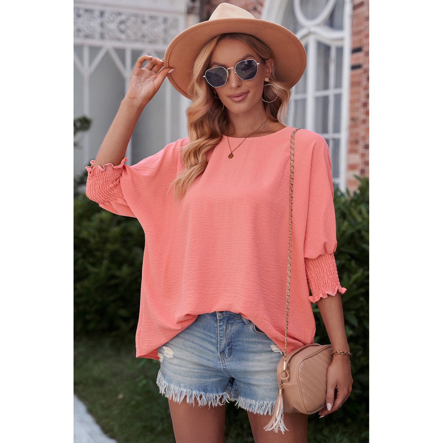 Round Neck Dolman Sleeve Textured Blouse - TiffanyzKlozet