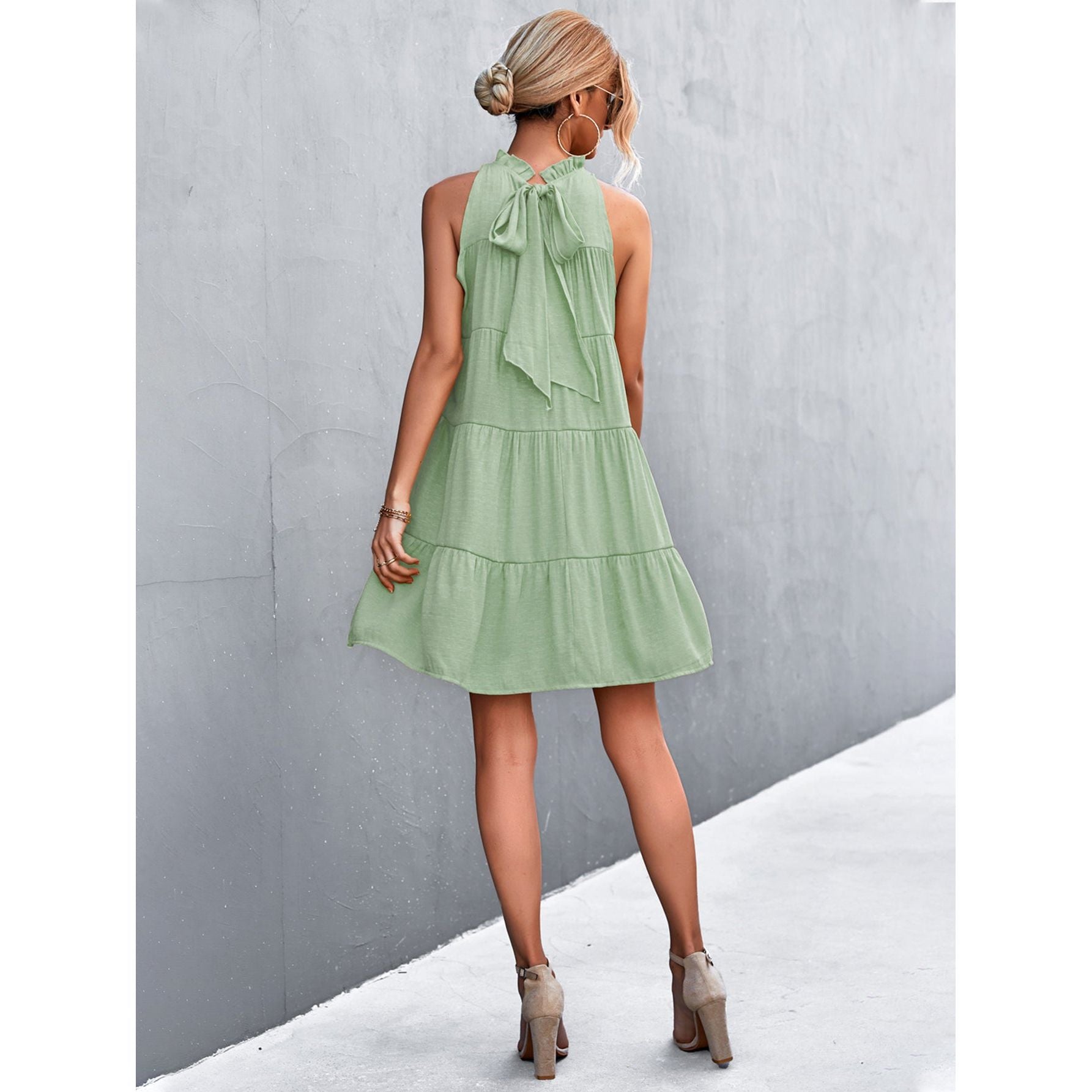 Tie Back Mock Neck Tiered Dress - TiffanyzKlozet