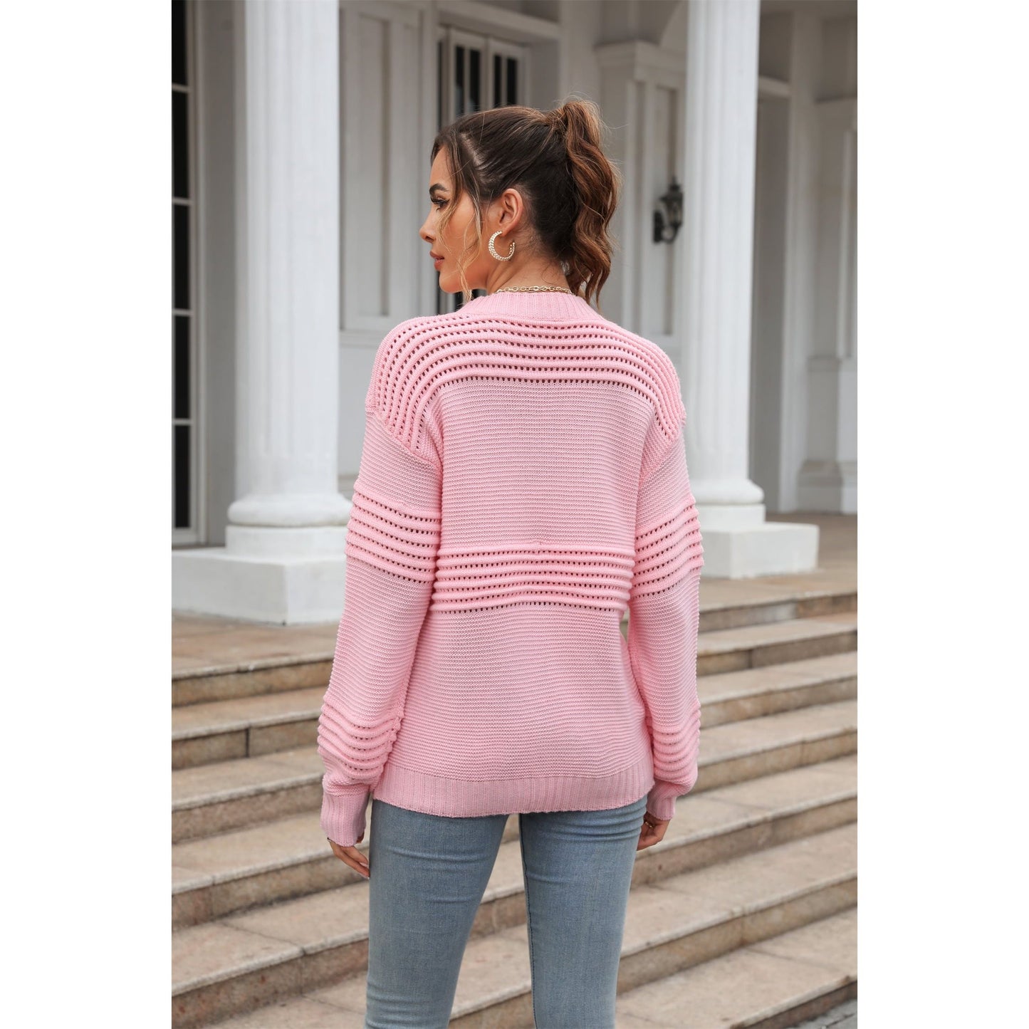 Round Neck Openwork Long Sleeve Pullover Sweater - TiffanyzKlozet