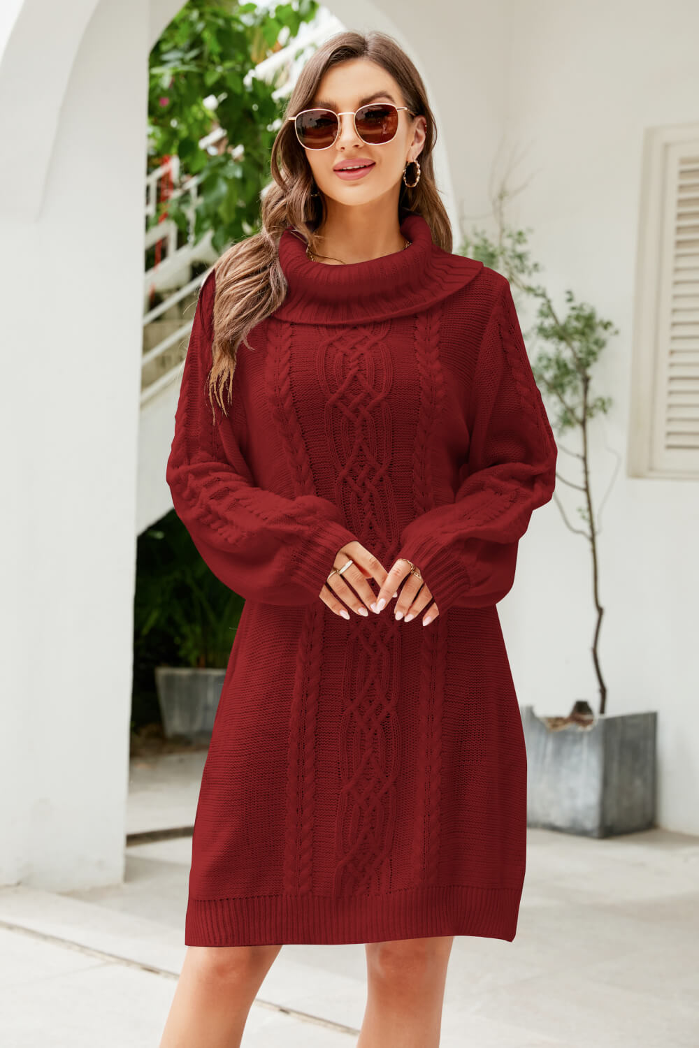 Woven Right Mixed Knit Turtleneck Lantern Sleeve Sweater Dress - TiffanyzKlozet