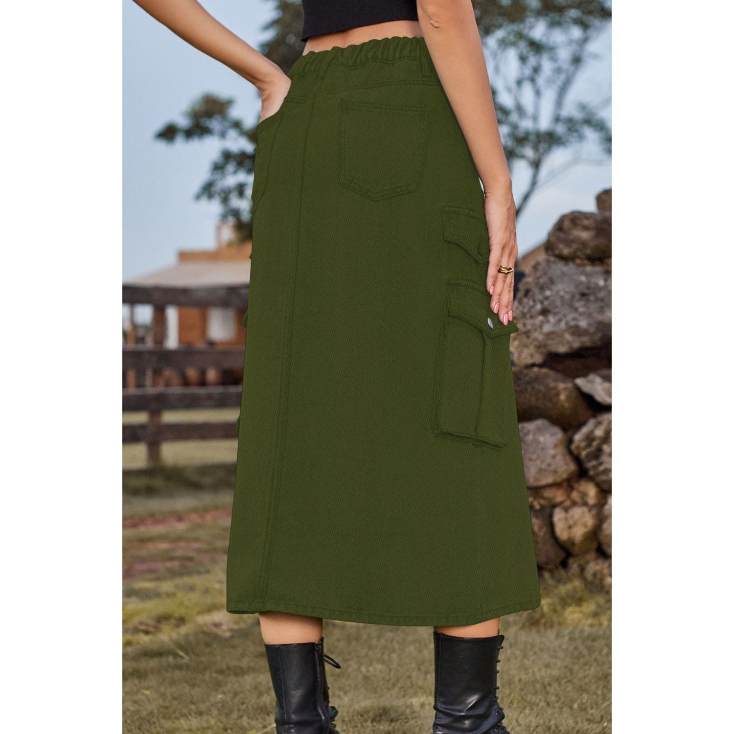 Slit Front Midi Denim Skirt with Pockets - TiffanyzKlozet