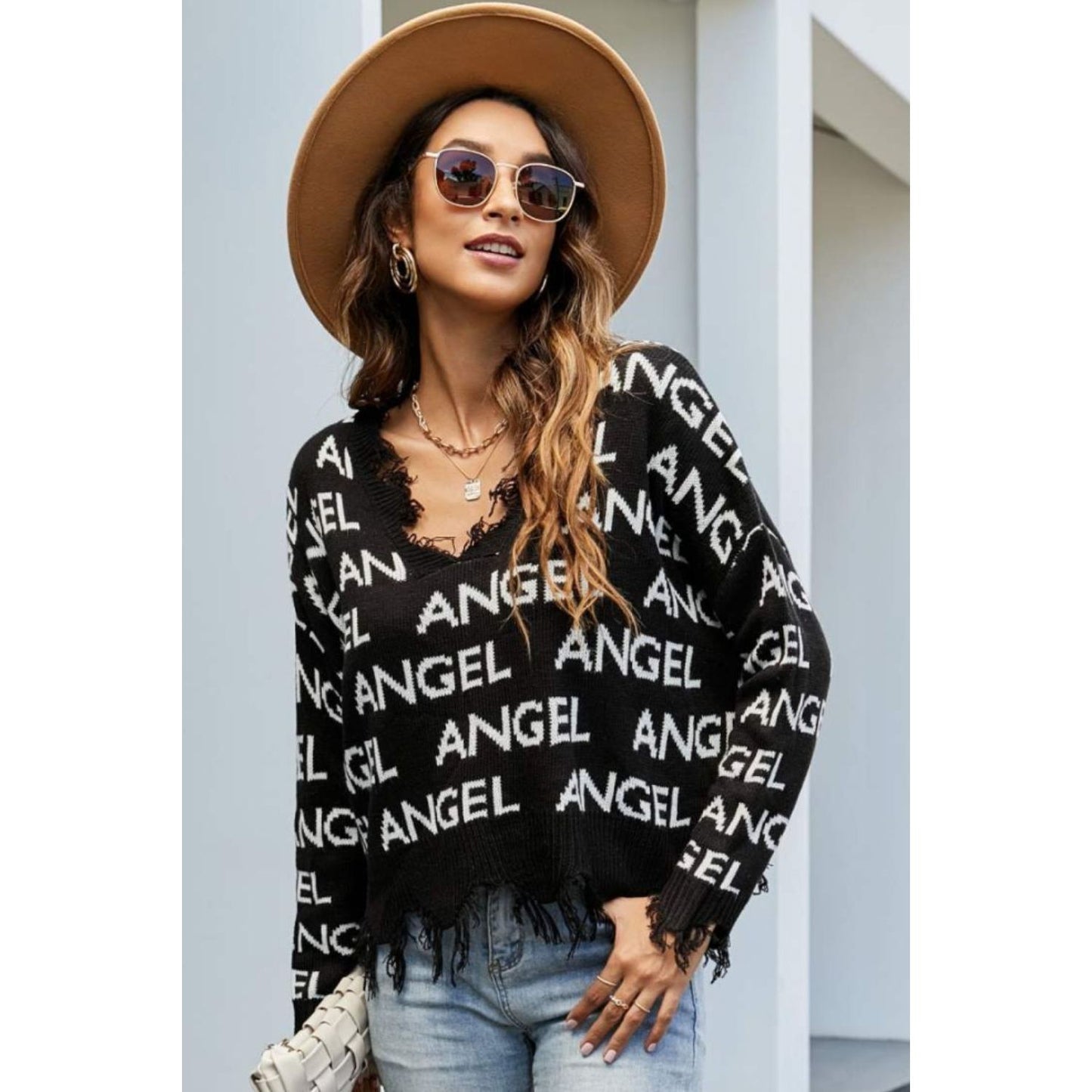 ANGEL Distressed V-Neck Dropped Shoulder Sweater - TiffanyzKlozet