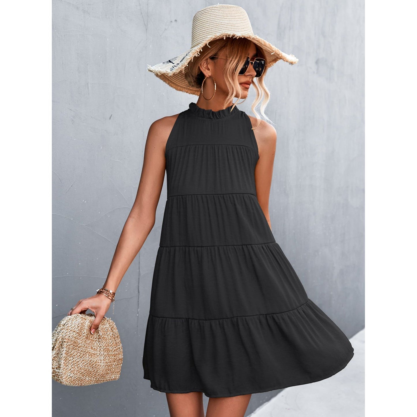 Tie Back Mock Neck Tiered Dress - TiffanyzKlozet