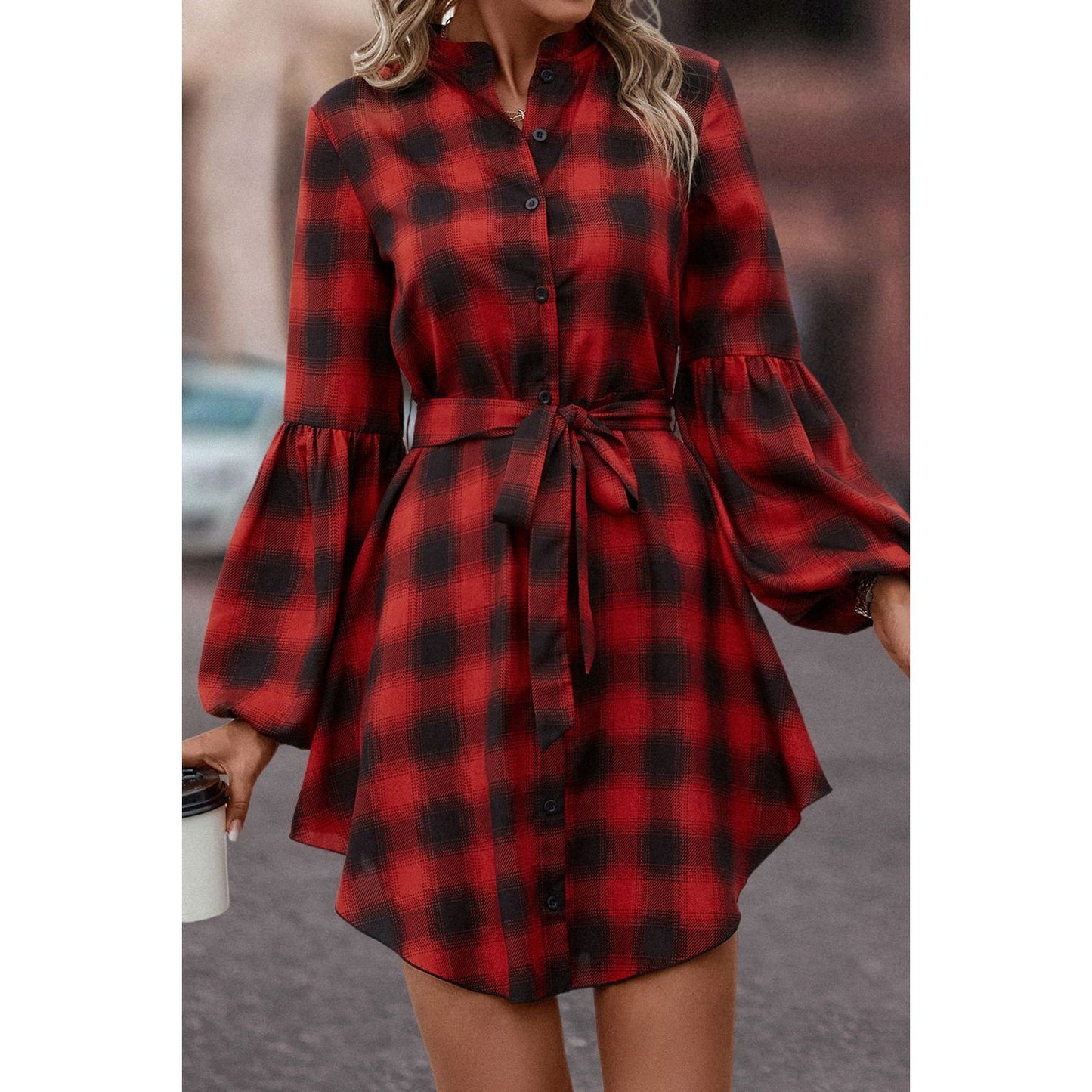 Plaid Tie Waist Balloon Sleeve Mini Dress - TiffanyzKlozet