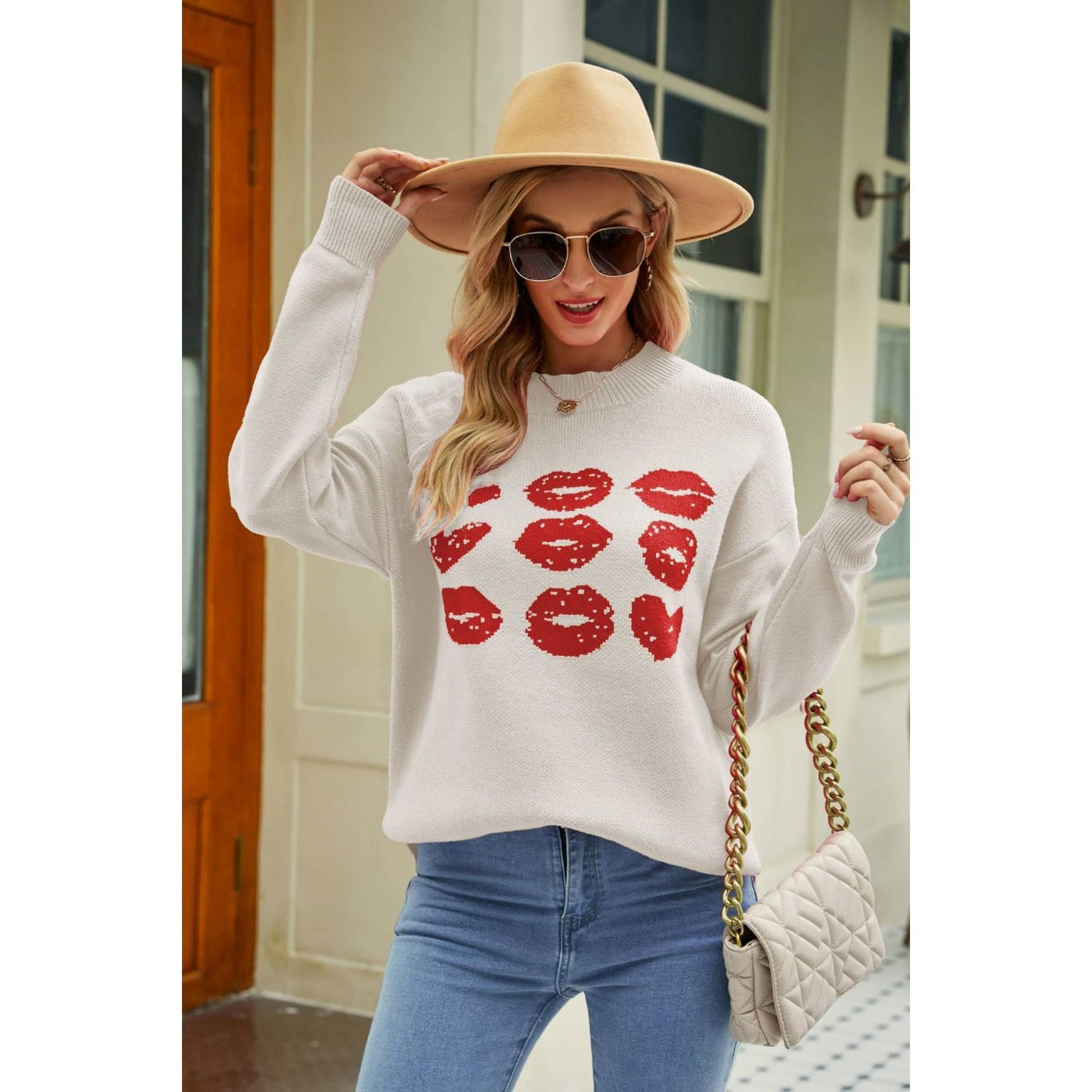 Lip Graphic Slit Dropped Shoulder Sweater - TiffanyzKlozet