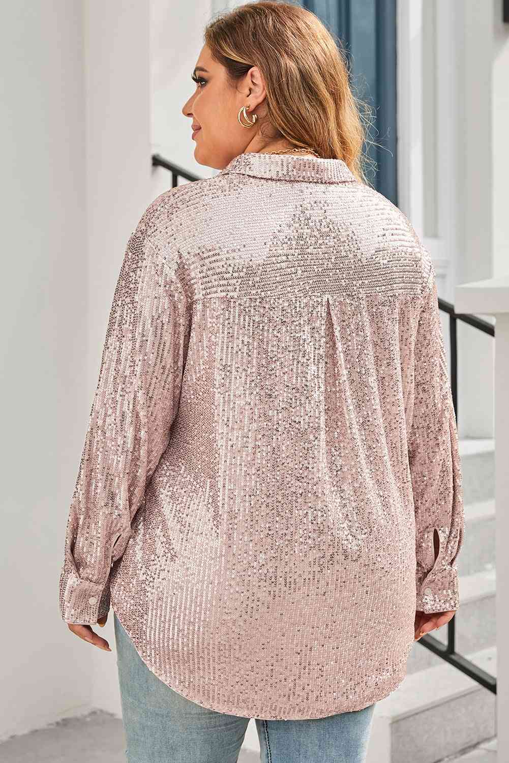 Plus Size Sequin Long Sleeve Shirt - TiffanyzKlozet