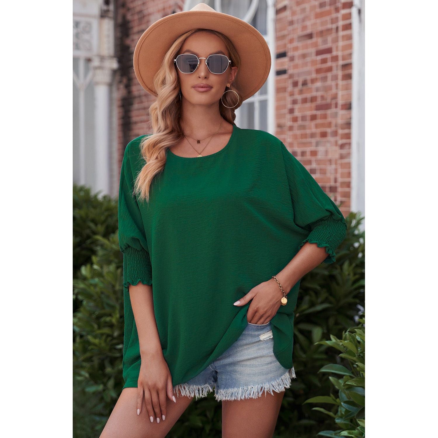 Round Neck Dolman Sleeve Textured Blouse - TiffanyzKlozet