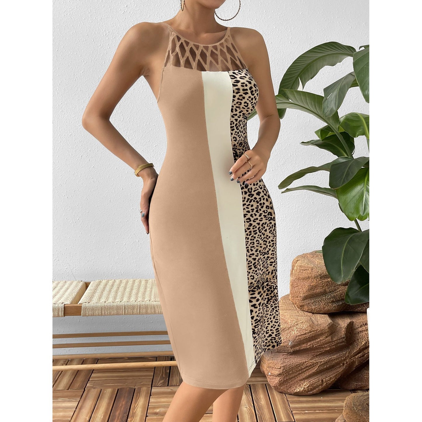 Leopard Color Block Cutout Sleeveless Knee-Length Dress - TiffanyzKlozet