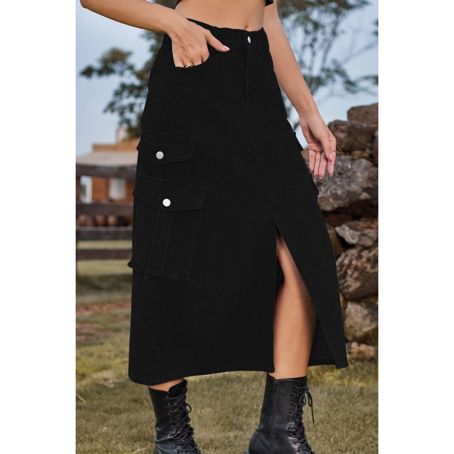 Slit Front Midi Denim Skirt with Pockets - TiffanyzKlozet