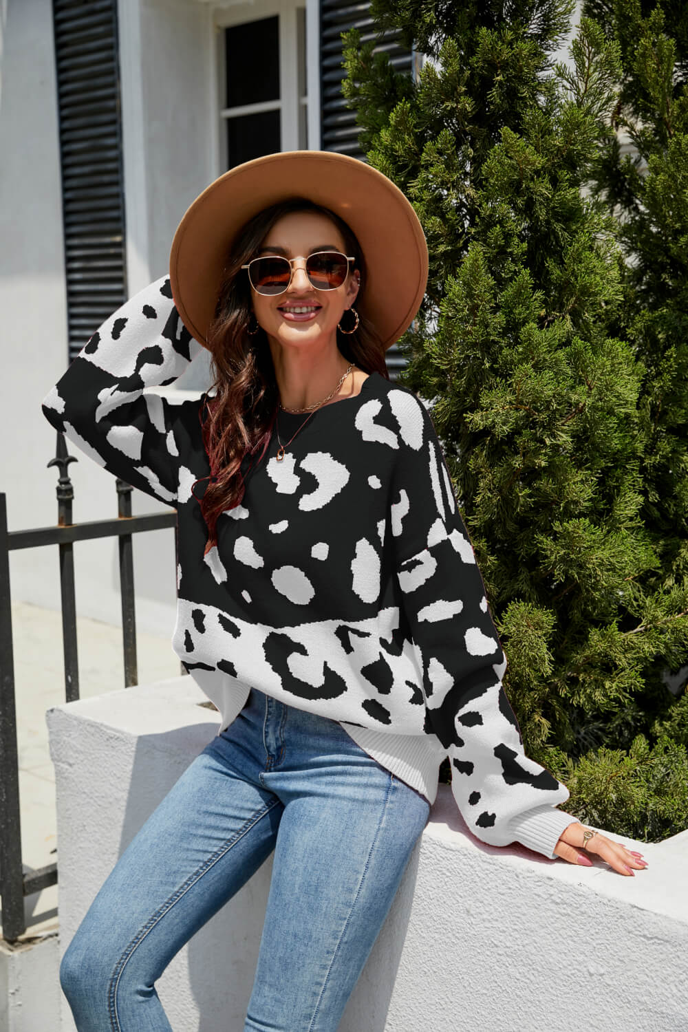 Woven Right Leopard Ribbed Trim Dropped Shoulder Sweater - TiffanyzKlozet