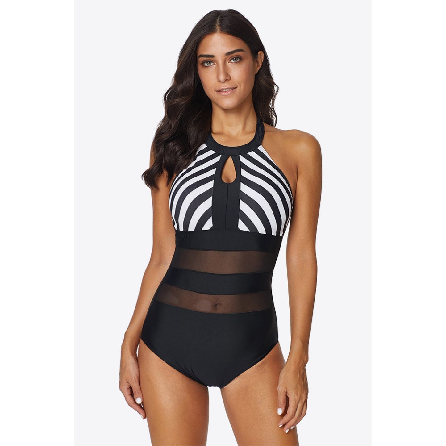 Striped Cutout Spliced Mesh Halter Neck One-Piece Swimsuit - TiffanyzKlozet