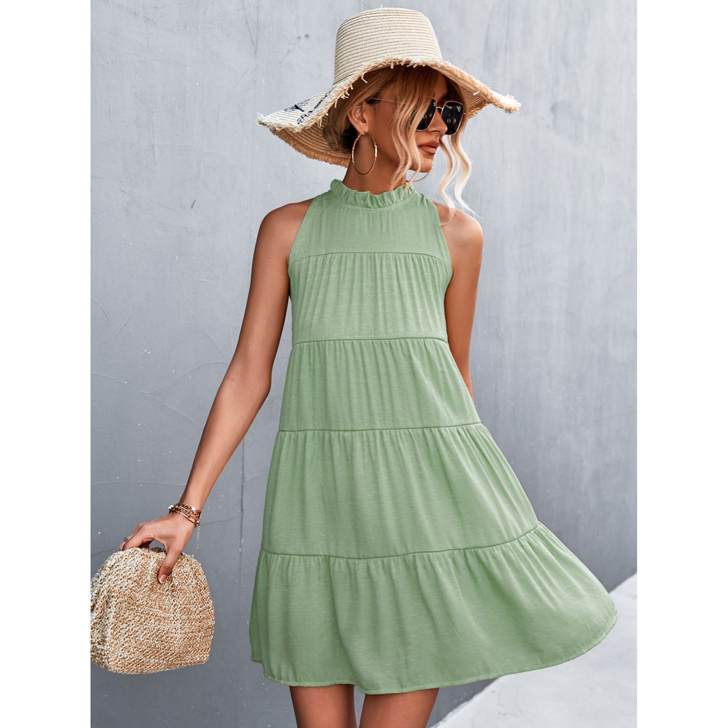 Tie Back Mock Neck Tiered Dress - TiffanyzKlozet