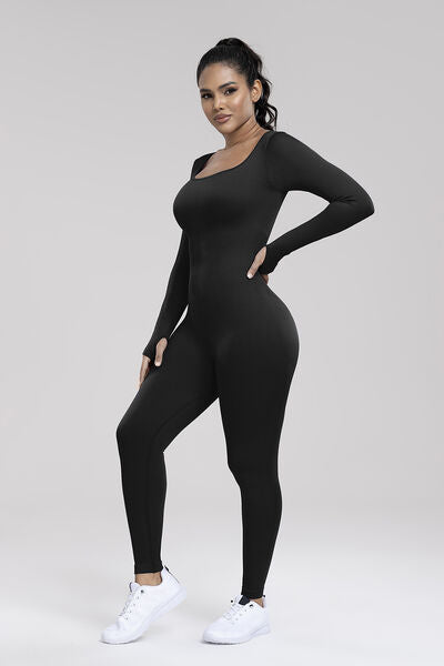 Square Neck Long Sleeve Active Jumpsuit - TiffanyzKlozet