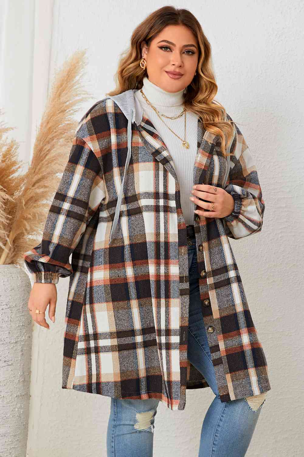 Plus Size Plaid Drop Shoulder Hooded Coat - TiffanyzKlozet