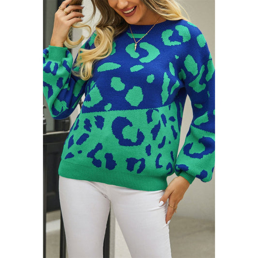 Woven Right Leopard Round Neck Dropped Shoulder Sweater - TiffanyzKlozet