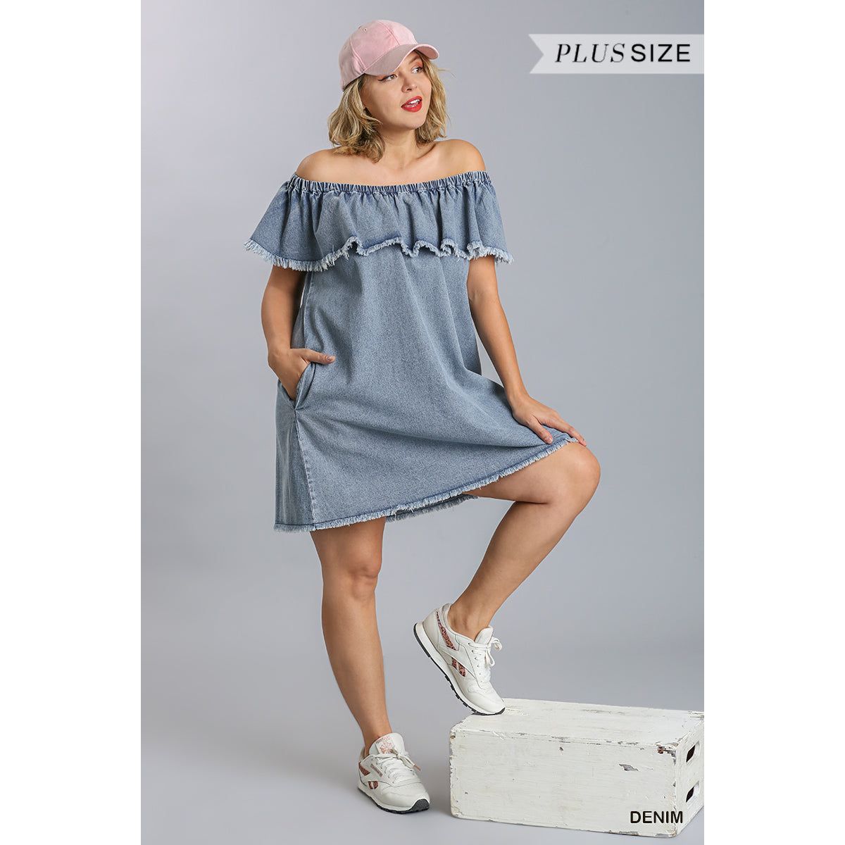 Off Shoulder Ruffled Denim Dress With Frayed Hem & Pockets - TiffanyzKlozet