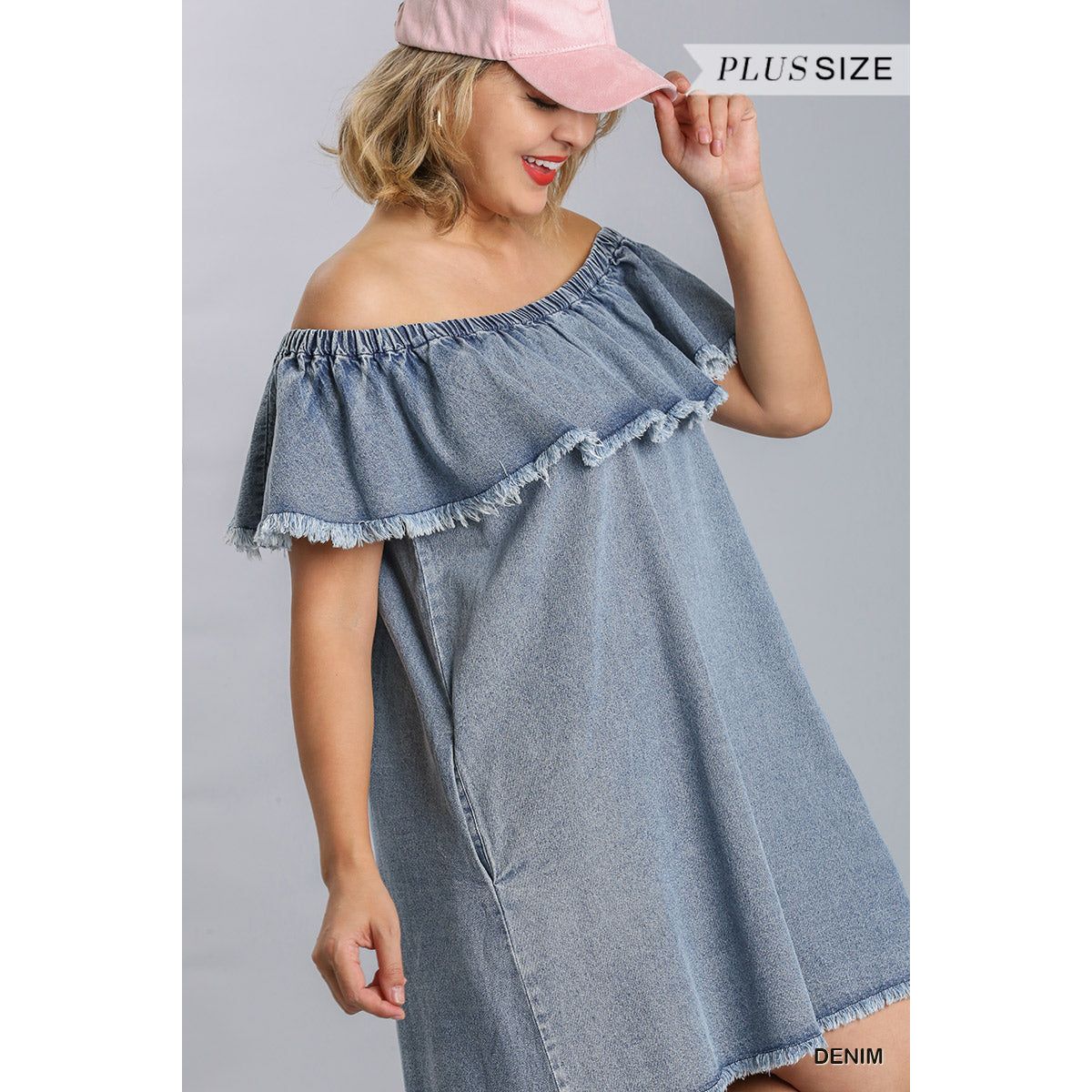 Off Shoulder Ruffled Denim Dress With Frayed Hem & Pockets - TiffanyzKlozet