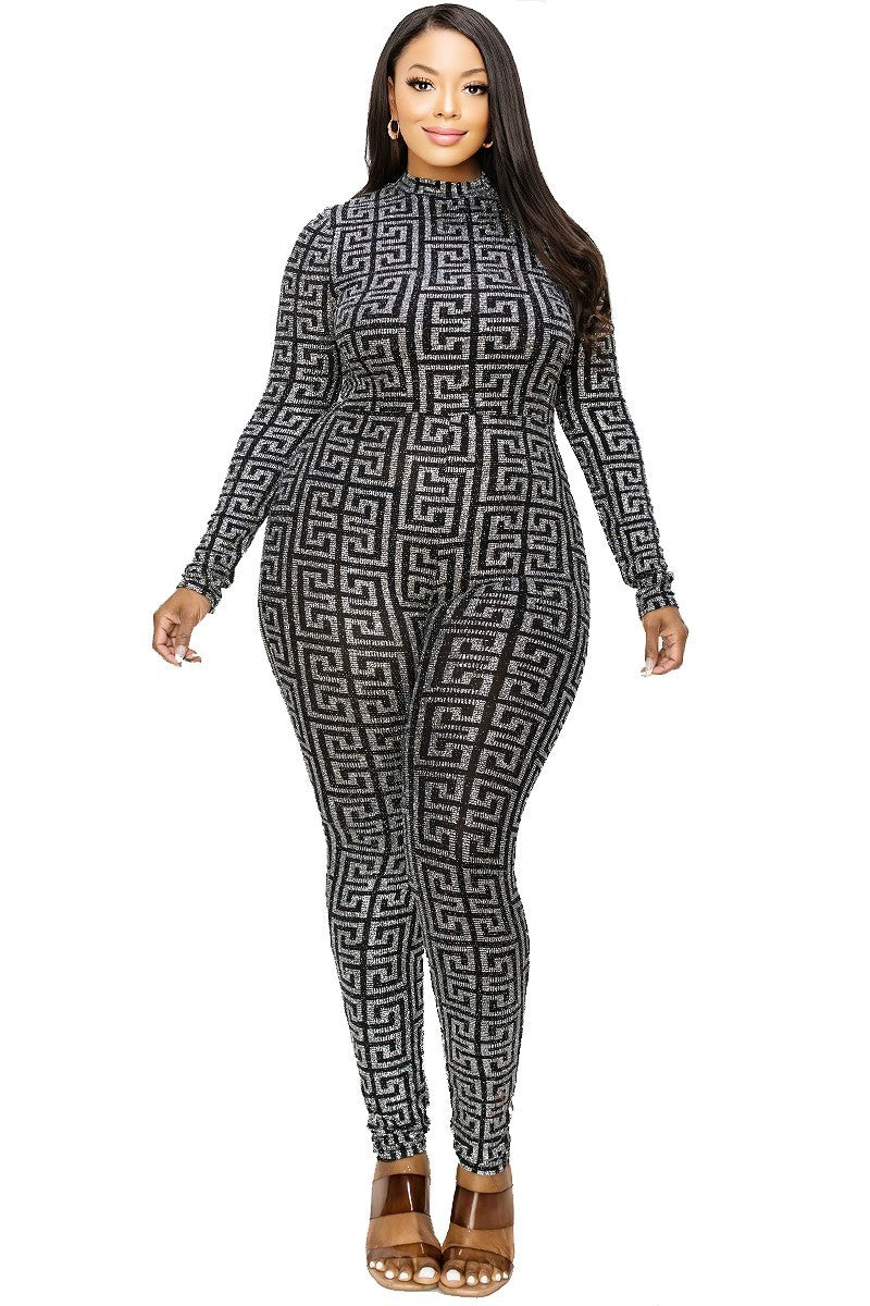 Plus Geo Pattern Glitter Printed Jumpsuit - TiffanyzKlozet