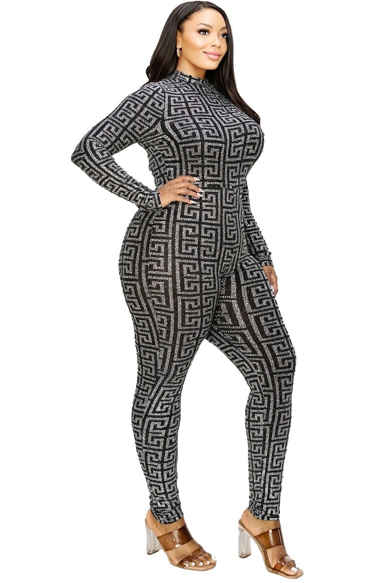 Plus Geo Pattern Glitter Printed Jumpsuit - TiffanyzKlozet