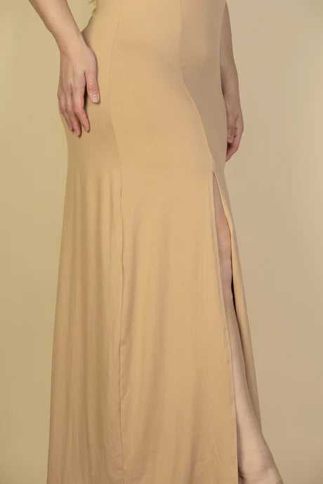 Plus Size Plunge Neck Thigh Split Maxi Dress - TiffanyzKlozet