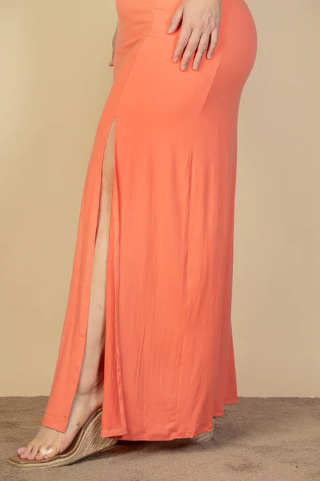 Plus Size Plunge Neck Thigh Split Maxi Dress - TiffanyzKlozet