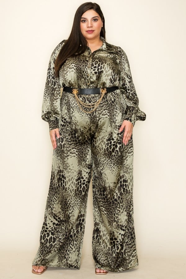 Satin Leopard Long Sleeve Button Down Palazzo Jumpsuit - TiffanyzKlozet