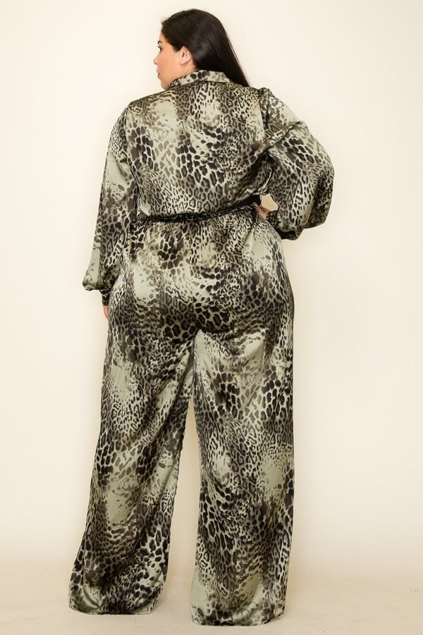 Satin Leopard Long Sleeve Button Down Palazzo Jumpsuit - TiffanyzKlozet