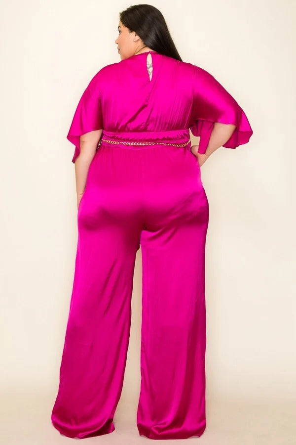 Satin Wrap Front Short Sleeve Smocked Waist Jumpsuit - TiffanyzKlozet