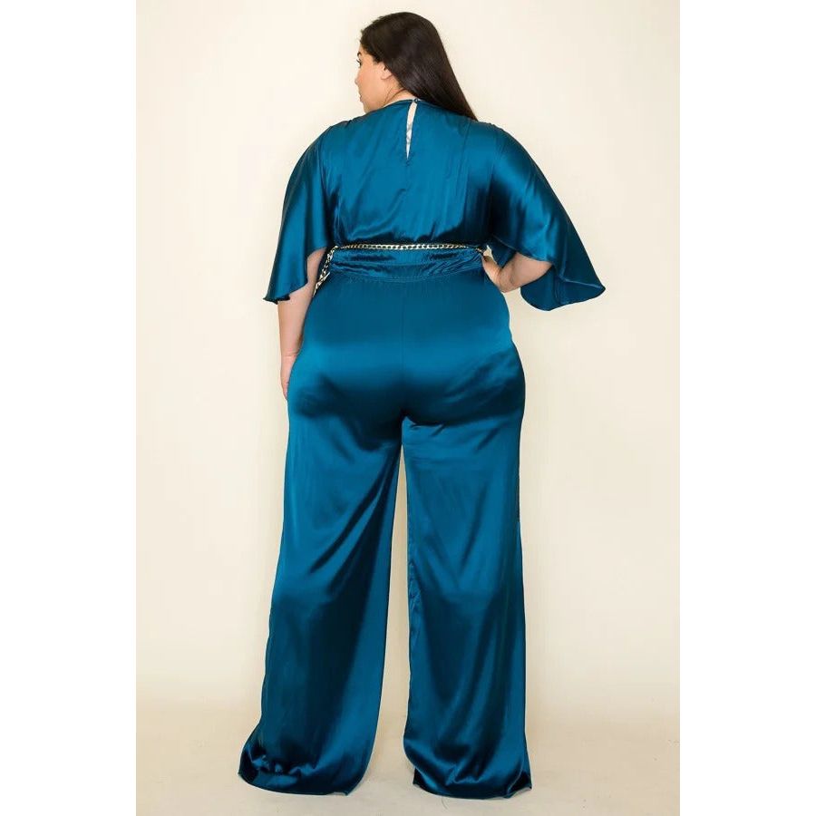 Satin Wrap Front Short Sleeve Smocked Waist Jumpsuit - TiffanyzKlozet