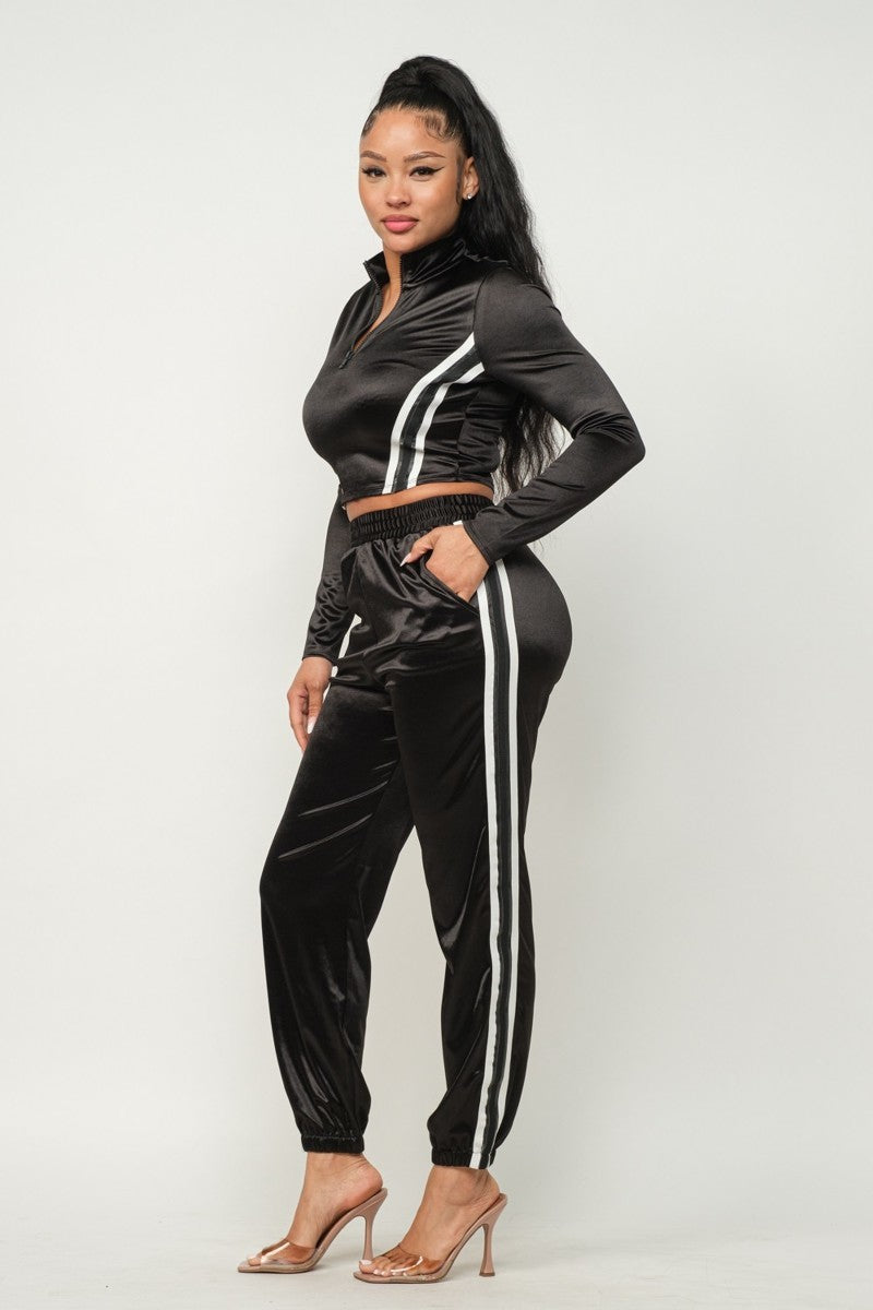 Front Zip Up Stripes Detail Jacket And Pants Set - TiffanyzKlozet