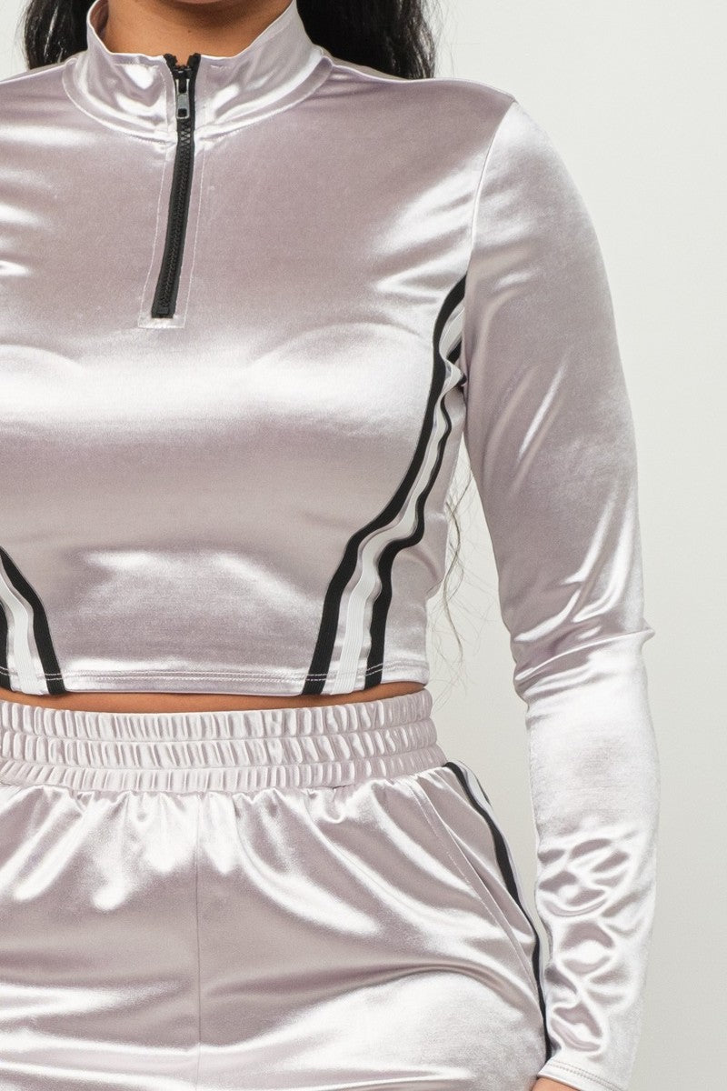 Front Zip Up Stripes Detail Jacket And Pants Set - TiffanyzKlozet
