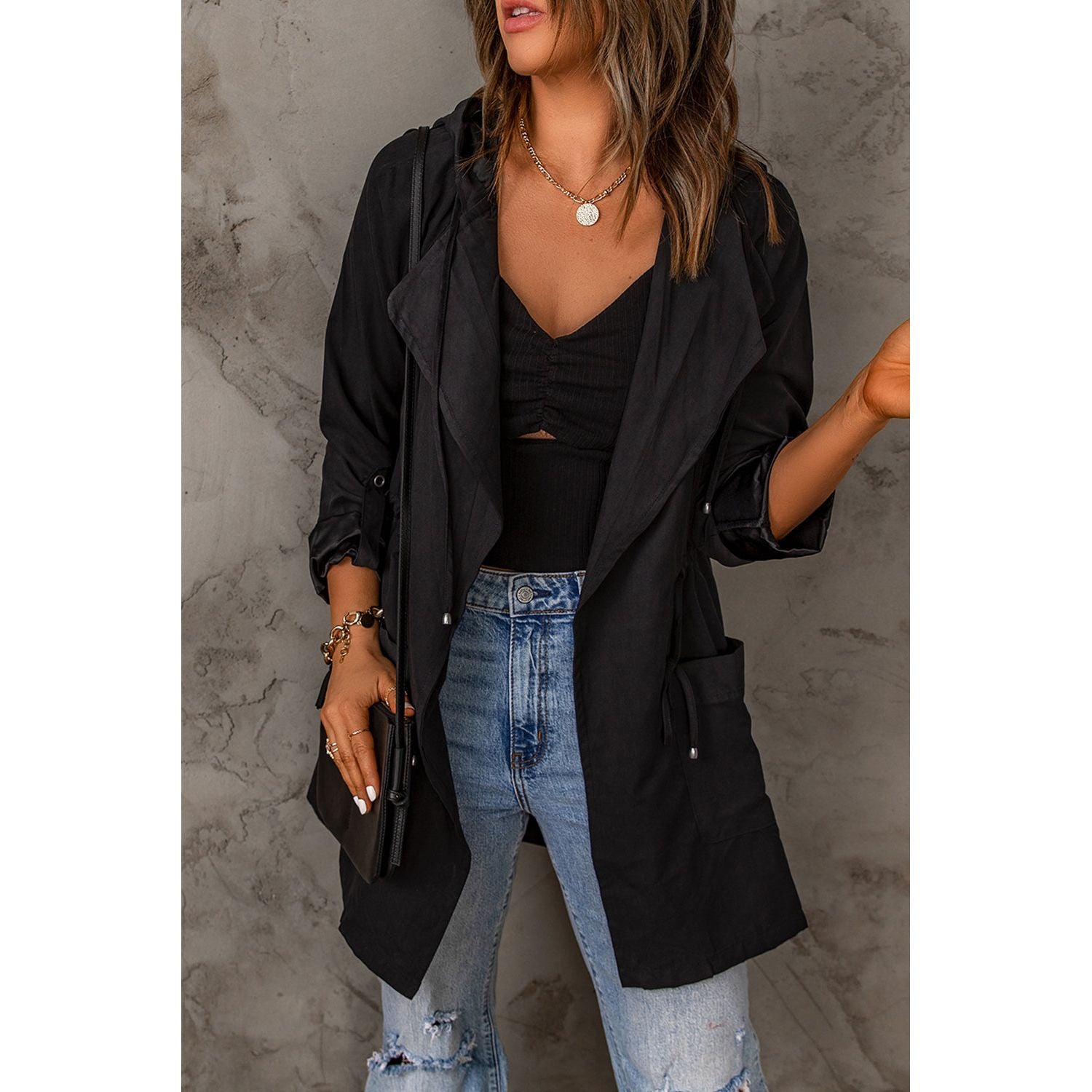 Drawstring Hooded Longline Jacket - TiffanyzKlozet