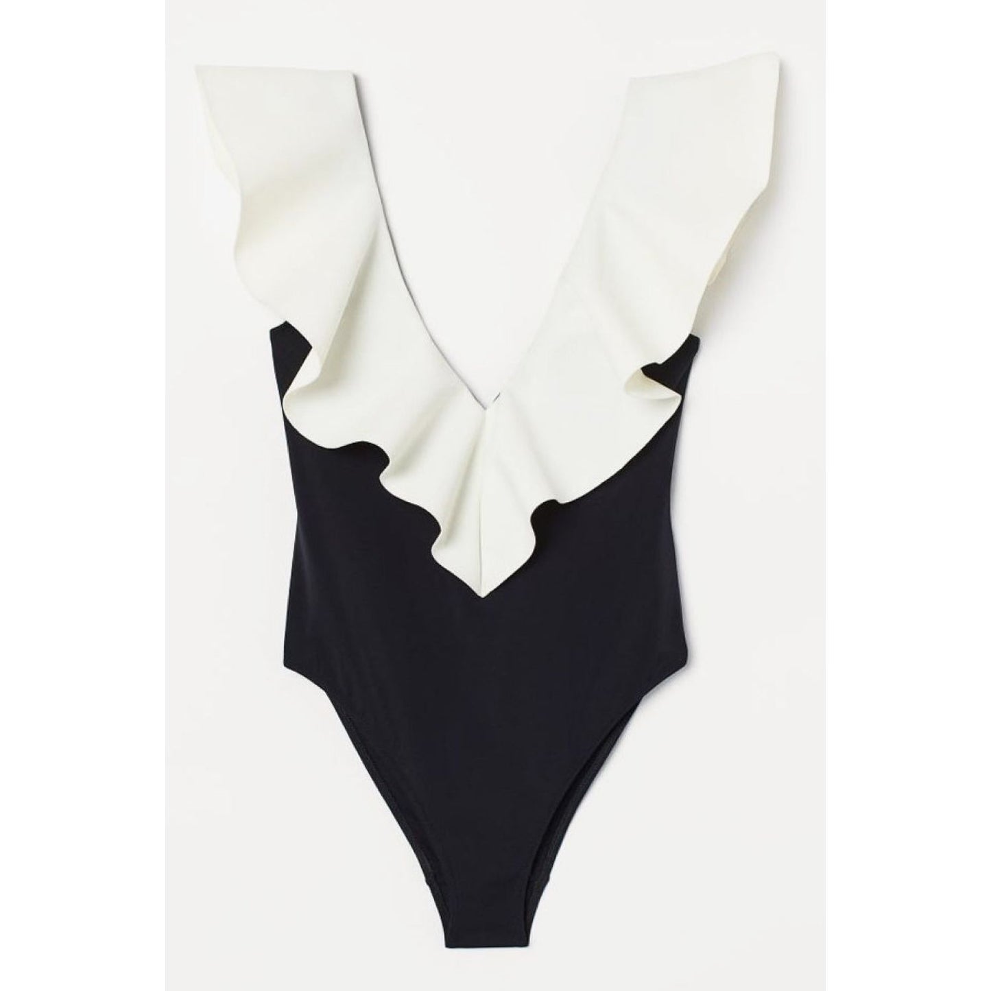 Two-Tone Ruffled Plunge One-Piece Swimsuit - TiffanyzKlozet