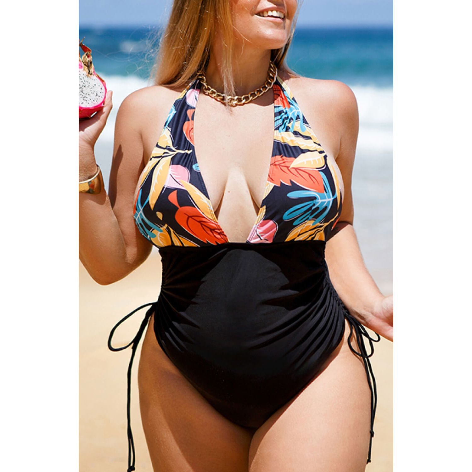 Plus Size Two-Tone Tied Halter Neck One-Piece Swimsuit - TiffanyzKlozet