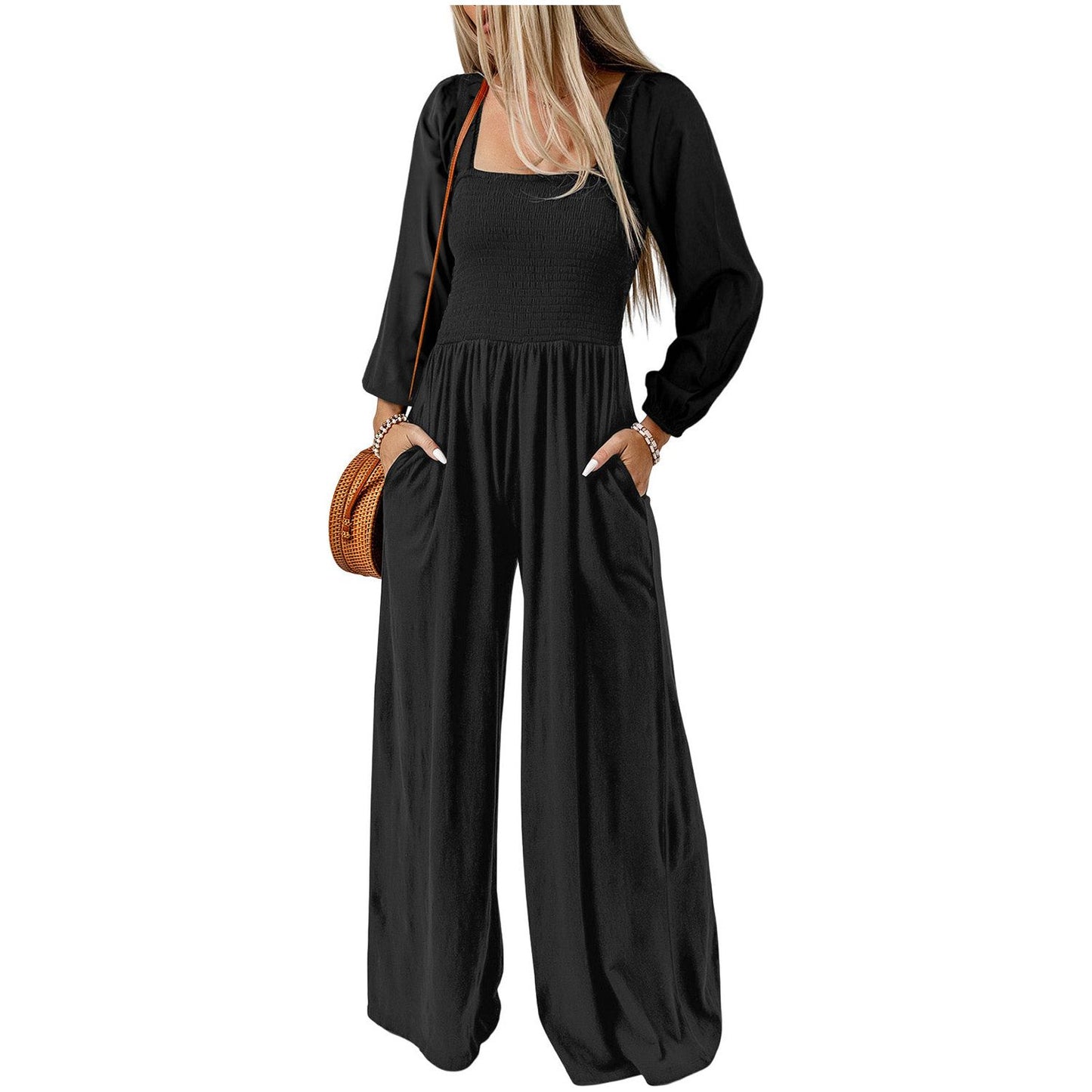 Square Neck Raglan Sleeve Jumpsuit with Pocket - TiffanyzKlozet