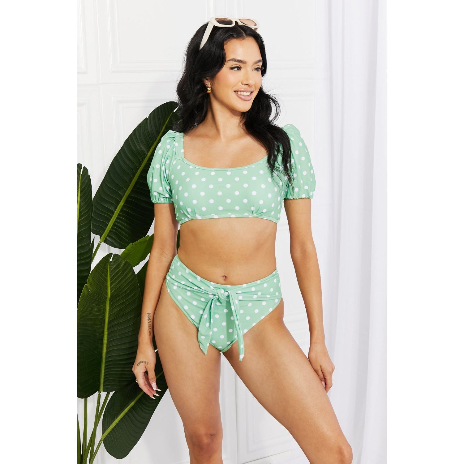 Marina West Swim Vacay Ready Puff Sleeve Bikini in Gum Leaf - TiffanyzKlozet