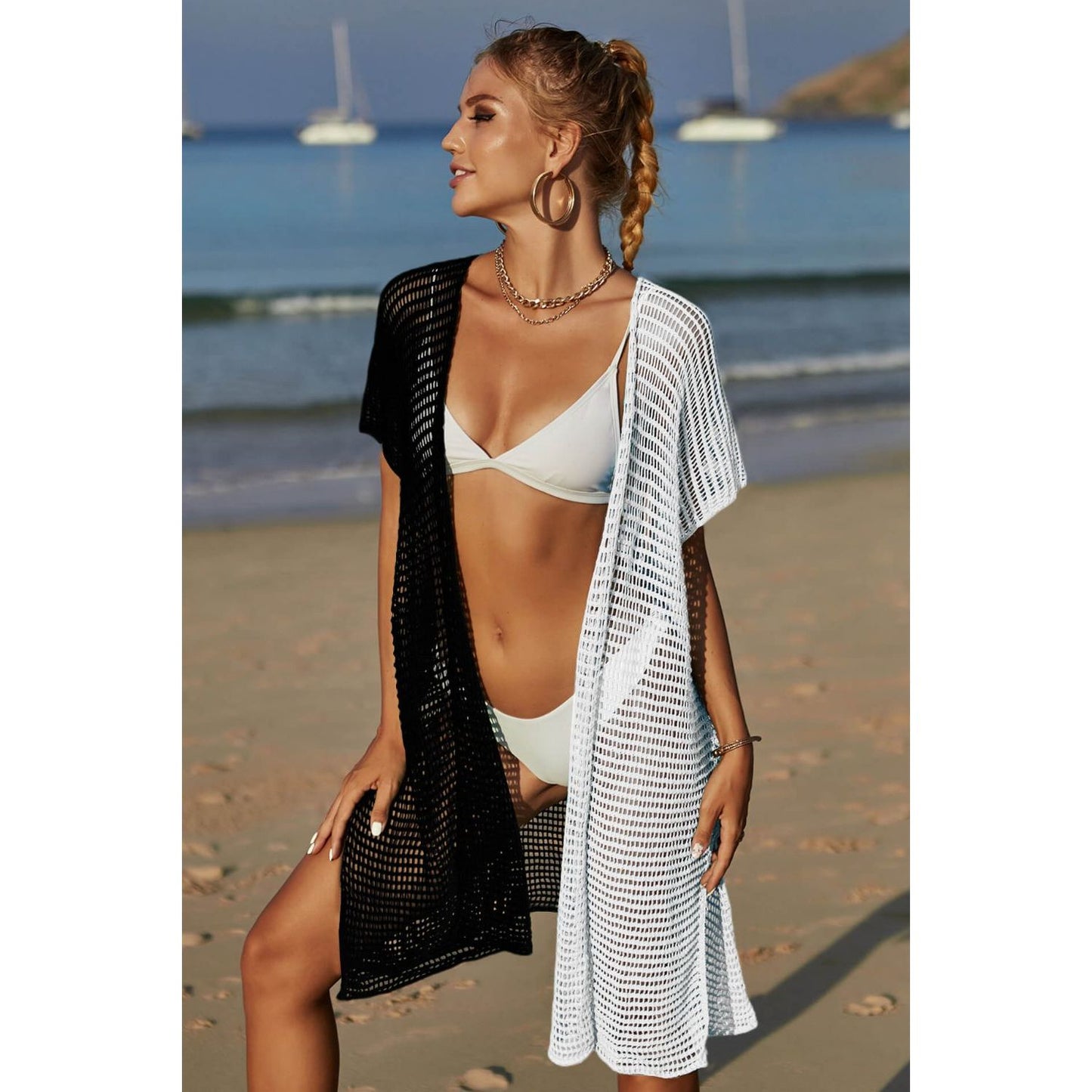 Two-Tone Side Slit Open Front Cover Up - TiffanyzKlozet